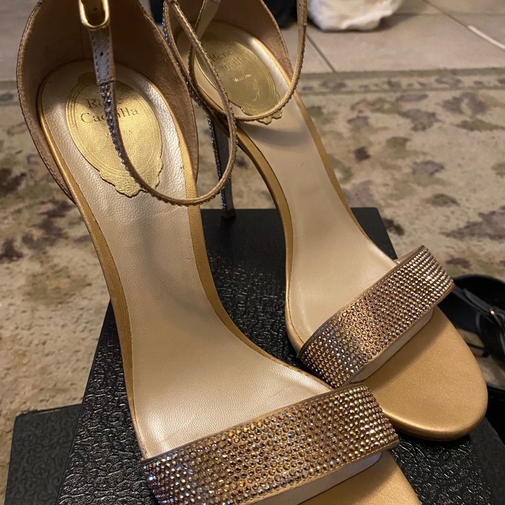 René Caovalli Gold Crystal ankle strap